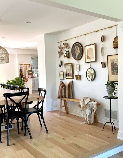 Tired of gallery walls, try a picture rail instead — The Kwendy Home Home Library Gallery Wall, Picture Rail Vaulted Ceiling, Gallery Wall Chair Rail, Rail Picture Wall, Frame Rail Gallery Wall, Picture Frame Styles, Picture Rail Kitchen, Diy Picture Hanging Rail, Hanging Rail Ideas