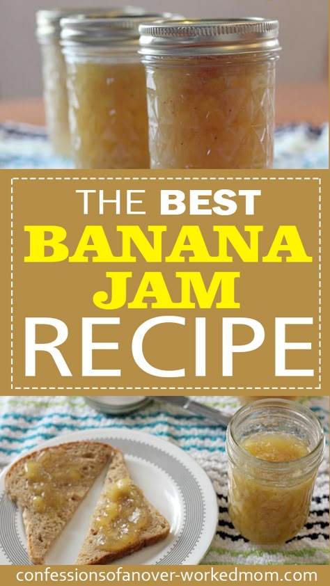 So, I learned how to make banana jam years ago.  Bananas were marked down at the grocery store because they were getting spots. I was certain I would use them all before they turned but  I didn’t.  So, I really hate to see anything go to waste. I found a recipe that taught me how to make banana jam because jam is an easy way to use up soft fruits. Banana Jam Recipe, Frozen Banana Recipes, Banana Jam, Canning Jams, Home Canning Recipes, Jam Recipes Homemade, Homemade Jelly, Canning Jam, Canning Food Preservation