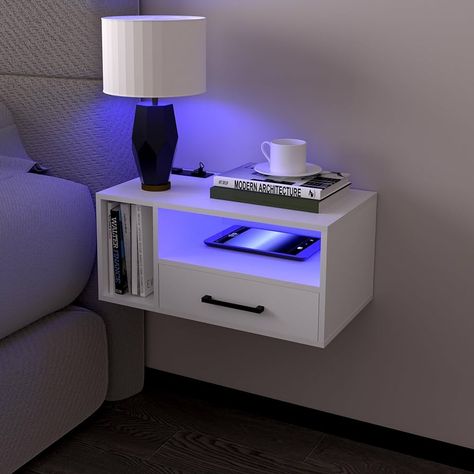 Amazon.com: Homaterial Floating Nightstand with Charging Station and LED Lights, Floating Bedside Table with Drawers Wall Mounted Nightstands,for Bedroom Room, 21.3" x 11.8" x 10",White : Home & Kitchen Bed Night Stand Ideas, Night Tables Ideas, Acrylic Bedroom Decor, Small Nightstands Bedside Tables, Bedroom Decor Furniture, Floating Shelves Beside Bed, Night Stand With Charging Station, Bedroom Decor Nightstands, Bed Back Side Design