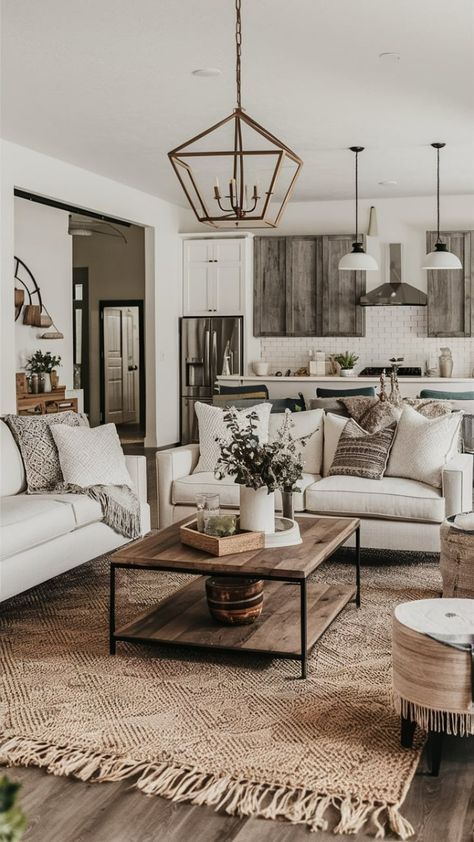 Farmhouse Living Room With Dark Floors, Rustic Modern Furniture Living Room, Small Living Room Modern Farmhouse, Chic Rustic Living Room, Neutral Living Space, Modern Cottage Apartment, Transitional Neutral Living Room, Modern Rustic Living Room Decor Ideas, Neutral Rustic Living Room