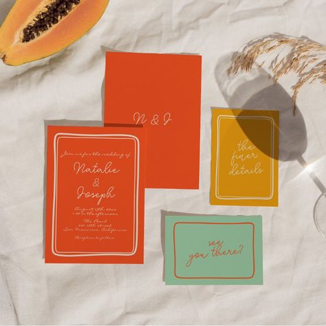 Bold Wedding Invitations hand-written bright orange retro unique wedding  i invitation modern chic minimalist boho whimsical simple basic informal casual calligraphy classic template simple 70s 60s elegant creamy typography bold bright wedding suite text based seventies hand written colorful fun retro sophisticated romantic minimal vintage classy digital e-invitation suite mix match spring summer orange sophisticated vivid 80s wording Retro Orange Wedding, April Wedding Invitations, Boho Wedding Colorful, Red Orange Wedding Theme, Cabo Wedding Invitations, Medditeranean Wedding, Colorful Wedding Invites, Wedding Invitations Colorful, Warm Wedding Colors