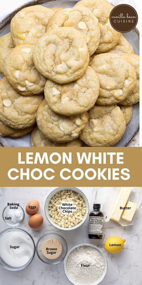 These soft and chewy Lemon White Chocolate Cookies are the perfect texture with a sweet and subtle lemon flavor. Perfect in a holiday cookie tin or for everyday enjoyment! Lemon Cookies With White Chocolate Chips, Baking White Chocolate, Lemon And White Chocolate Cookies, White Food Recipes, White Chocolate Lemon Cookies, Lemon Chocolate Chip Cookies, Cookie Recipes White Chocolate Chips, Cookie Recipes White Chocolate, Lemon Crumble Cookies