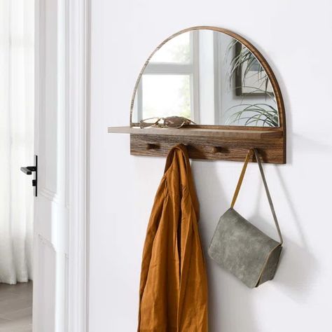 Mercer41 Schuyler Arch Wall Mirror with Hooks 20x31 Natural | Wayfair Arched Wall Mirror, Entryway Hooks, Arched Wall, Wall Mirror With Shelf, Entryway Mirror, Mirror With Hooks, Arched Mirror, Entryway Wall, Entryway Hallway