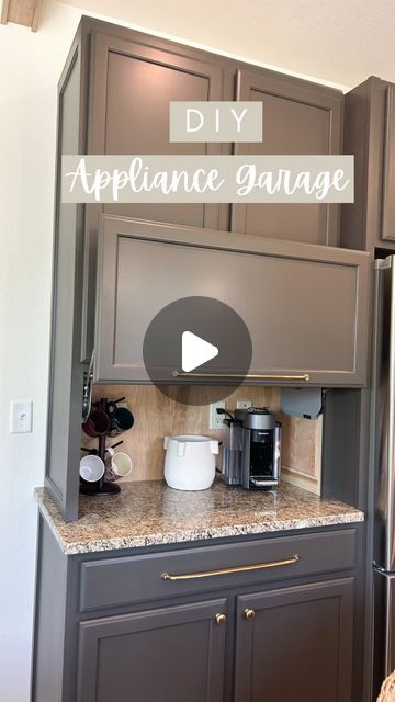 Paige Bower | Budget DIY + Custom Carpentry + Design on Instagram: "Our DIY appliance garage cabinet is done (aside from adding crown)!! 

This project was all about mixing existing with new…building a cabinet (something we’ve done many times) & door to match the rest of our kitchen (something that was a lot of trial and error).

We love trying new projects because they continue to help us learn & grow in our profession and it allows us to share it with all of you!

Have you thought of adding an appliance garage cabinet to your space?

#diyappliancegarage #appliancegarage #diycabinet #countercabinet #blumhinges" Diy Kitchen Garage Cabinet, Appliance Garage Storage, Appliance Garage Hardware, Instant Pot Storage Cabinet, Recessed Appliance Garage, Adding An Appliance Garage, How To Add An Appliance Garage, Kitchen Cabinets That Hide Appliances, Cabinet To Hide Appliances