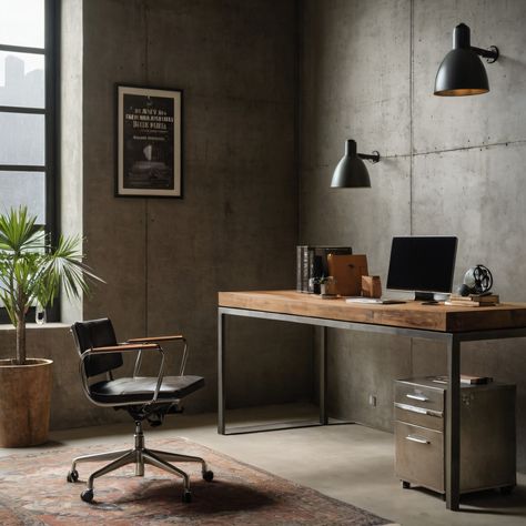 A sleek industrial home office with exposed concrete walls, metal furniture, and a large wooden desk for a modern and edgy workspace. #HomeOffice #Industrial #ConcreteWalls #MetalFurniture #WoodenDesk Large Wooden Desk, Concrete Office, Industrial Home Office, Home Office Industrial, Nordic Office, Industrial Home Offices, Wood And Concrete, Concrete Walls, Condo Design