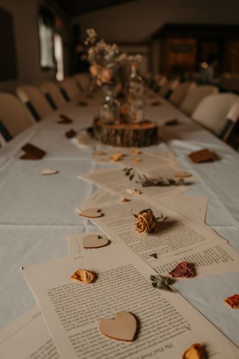 Using fairytale book pages for a table running at our Love Story wedding - Whimsical Book Lovers Wedding Wedding Table Decor, Books On Wedding Tables, Book Pages Table Decor, Fairytale Inspired Wedding, Book Table Centerpieces Wedding, Wedding Book Table Ideas, Story Book Decorating Ideas, Book Wedding Arch, Wedding Book Decorations