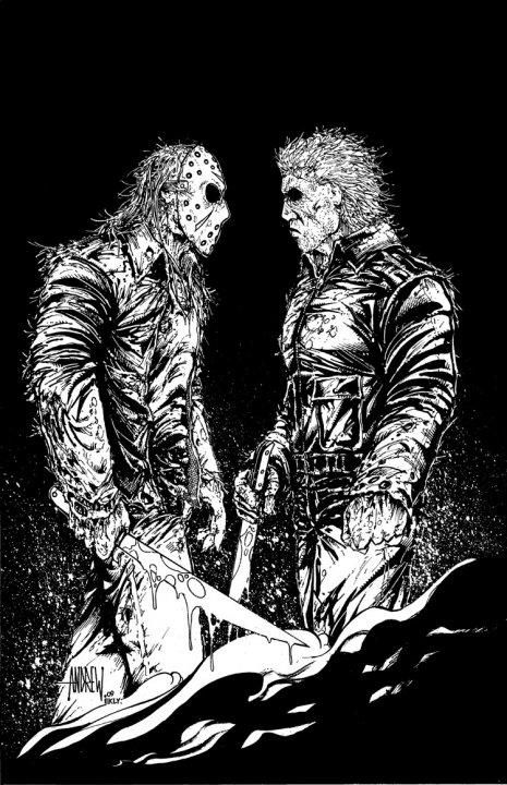 Jason Vs. Michael Myers by AndrewMangum on DeviantArt Michael Myers Vs Jason, Jason Vs Michael, Jason Voorhees Art, Morning Drawing, Scary Coloring Pages, Horror Slashers, Friday The 13th Tattoo, Jason Vorhees, Scary Movie Characters