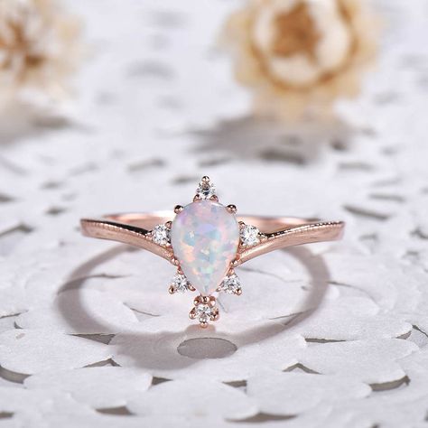 5x7mm Pear White Opal Diamond Vintage Engagement Ring | BBBGEM Labradorite Engagement Ring, Rose Quartz Ring Engagement, Moonstone Engagement Ring Set, Moissanite Wedding Ring Set, Quartz Engagement Ring, Floral Engagement Ring, Custom Wedding Band, Moonstone Engagement, Moonstone Engagement Ring