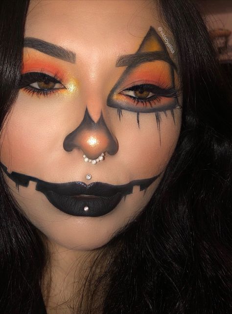 Pumpkin Make Up Halloween Kids, Pumkin Makeup Halloween Face Paintings, Trick Or Treat Makeup Ideas, Cute Haloween Mackup Ideas, Half Pumpkin Halloween Makeup, Jack O Lantern Halloween Makeup, Halloween Makeup Easy Pumpkin, Cute Halloween Makeup Looks Easy Pumpkin, Makeup Ideas Hollowen