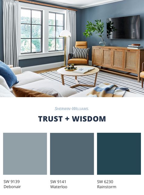 Blue soothes the soul and becomes breezy when mixed with white. Darker blue paint tones are perceived as traditional, wise and modest. While lighter versions are perfect for spaces where you want to retreat and relax (like this living room from @em_henderson). Color affects our moods and emotions, so picking the right paint is important. Click through to find the blue that's right for you. #blue #bluepaint #colorpsychology #color #interiordesign Sherwin Williams Blue, Dark Blue Paint, Popular Paint Colors, Blue Paint Colors, Sherwin Williams Paint Colors, Paint Colors For Living Room, Blue Living Room, Living Room Colors, Paint Colors For Home