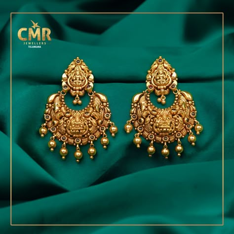 Lakshmi Devi Chandbali Earrings, Ram Leela Earrings Gold, Lakshmi Earrings Gold Studs, Earrings Design Gold Indian, Gold Lakshmi Devi Jumkas, Lakshmi Jhumkas Gold, Gold Chain Earrings Designs, Laxmi Kammalu, Chandini Earrings Gold