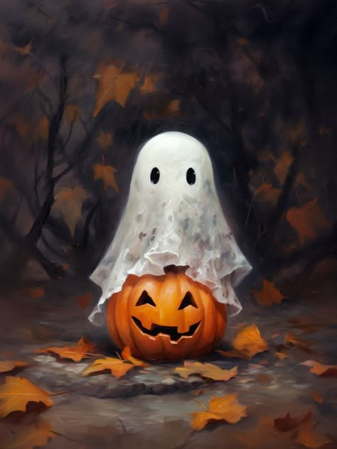 Cute Ghost with Pumpkin Halloween Kunst, Halloween Wallpaper Cute, Labu Halloween, Halloween Wallpapers, Cute Ghosts, Halloween Artwork, Puzzles For Adults, White Halloween, Puzzle For Adults