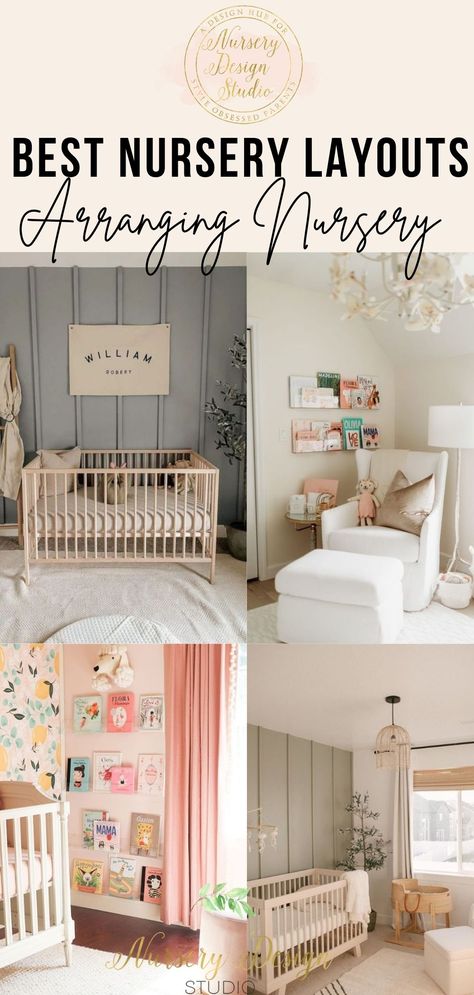 NURSERY LAYOUT IDEAS: 15 WAYS TO ARRANGE THE NURSERY - Nursery Design Studio Nursery Storage Furniture, Simple Nursery Room Ideas, Coed Nursery Ideas, Nursery With Bed And Crib Layout, Small Nursery Wall Decor, Office Nursery Combo Ideas, Nursery Layout With Bed, Best Nursery Layout, Nursery Room Furniture Layout