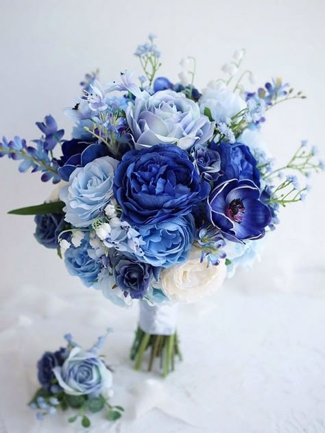 Blue Wedding Bouquet Ideas, Anemone Bouquet, Blue Flowers Bouquet, Blue Wedding Bouquet, Wedding Bouquet Ideas, Blue Wedding Flowers, Blue Themed Wedding, Prom Flowers, Wedding Colors Blue