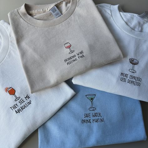 How gorgeous are these T-shirts 😭🍹 Just added them to my website! You’ll find them under core collection or search cocktail 🍸 Perfect for Summer (if we ever get one 🤣 ☀️) #embroidery #smallbusiness Crewneck Design Ideas, Diy Shirt Printing, Diy Embroidery Shirt, Embroidery Men, Embroidery Clothes, Slogan Sweatshirt, Embroidery Tshirt, Crewneck Design, Embroidered Tee