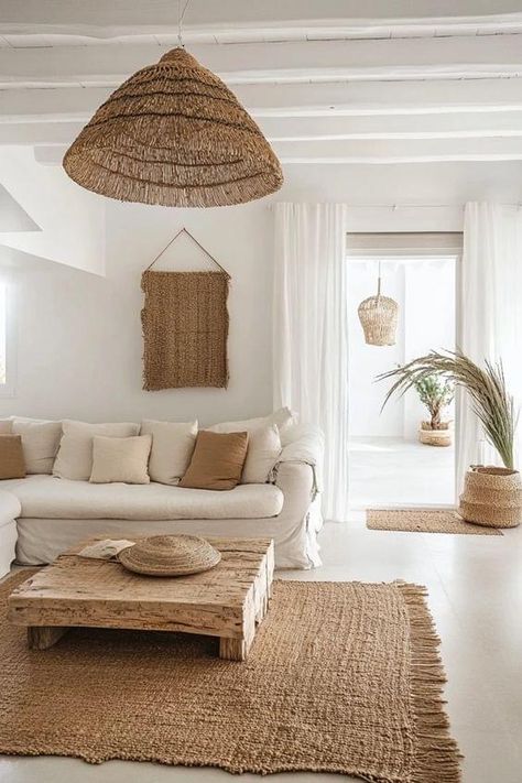 Boho White Interior, Terracotta Beach House, Modern Coastal Lounge Room, Beach Boho Interior Design, Greek Inspired Interior Design, Coastal Boho Interior Design, Beach Apartment Living Room, Bali Living Room Ideas, Greek Decor Living Room