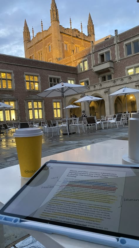 Rainy Day Coffee, Ipad School, Ucla College, Ucla Campus, Rain Coffee, Ucla University, Berkeley University, Campus Aesthetic, Coffee Study