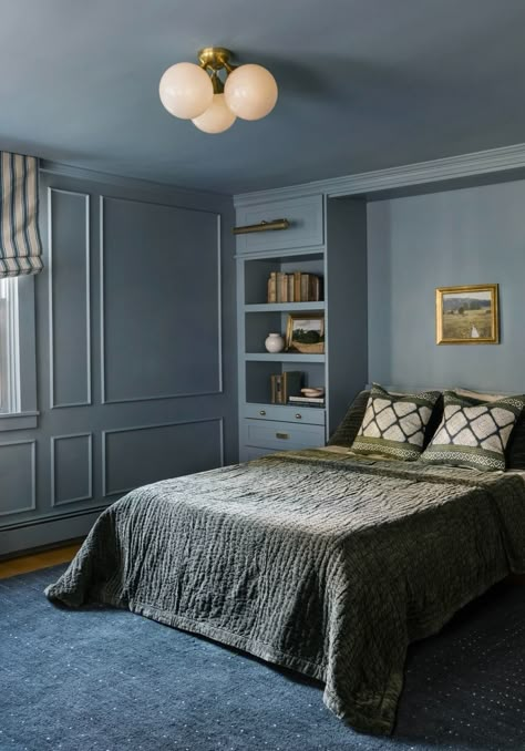 11 Best Moody and Romantic Bedroom Paint Colors | Our Aesthetic Abode Moody Blue Sherwin Williams Bedroom, Benjamin Moore Andes Summit, Best Paint For North Facing Bedroom, Smoky Blue Sherwin Williams Bedroom, Romantic Bedroom Colors Paint, Color Drenched Bedrooms, Master Bed And Bath Paint Colors, Primary Bedroom Color Palettes, Masculine Bedroom Paint Colors