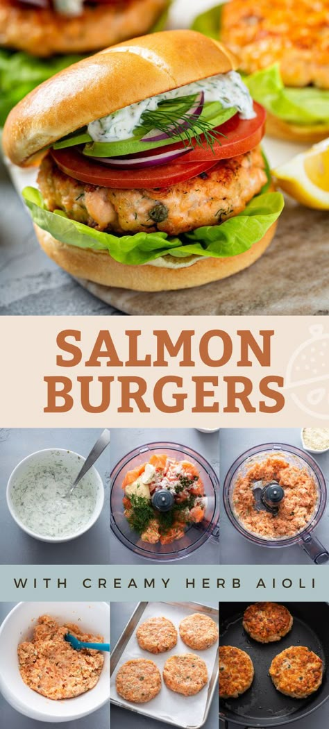 Congratulations! You've found the best salmon burgers recipe on the internet! These flavor-packed salmon burgers are made with fresh salmon and served with a creamy herb aioli. This recipe elevates healthy dinners to a new level of easy and delicious. Step-by-step instructions for grilling, pan searing and air fryer are provided. #lemonblossoms #salmon #bbq Salmon Burger Toppings, Salmon Burgers Recipe, Herb Aioli, Smoked Seafood, Salmon Burger Recipe, Canned Salmon Recipes, Salmon Burger, Best Salmon, Fresh Salmon