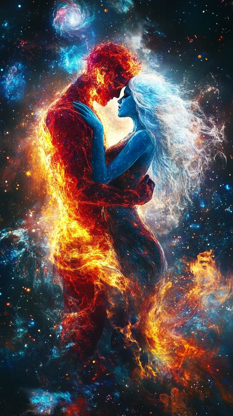 Dive into a mesmerizing digital art illustration showcasing a couple painted as the galaxy itself. The Divine Masculine and the Divine Feminine perfectly merge into a cosmic dance of love and romance, symbolizing the unseen power of an authentic relationship. Discover more about nurturing healthy relationships and breaking away from toxic patterns.  #TwinFlames #SpiritualGrowth #CosmicLove Toxic Twin Flame, Twin Flame Couple, Twin Flame Art, Cosmic Dance, Twin Flame Relationship, Romantic Wallpaper, Divine Masculine, Flame Art, Couple Painting