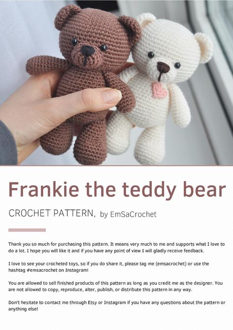 Frankie the teddy bear CROCHET PATTERN Teddy Bear Patterns Free Crochet, Amigurumi Bear With Hat, How To Crochet A Bear Free Pattern, Small Crochet Teddy Bear Free Pattern, Mini Teddy Bear Crochet Pattern, Crochet Small Bear Pattern Free, Crochet Teddy Free Pattern, Teddy Bear Crochet Pattern Free Easy, Small Bear Crochet Free Pattern