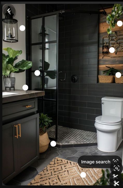 Bathroom Remodel With Black Fixtures, Black Bathrooms Rustic, Darker Bathroom Ideas, Black And White Bathroom Ideas Modern, Men’s Bathroom, Dark Guest Bathroom, Black Accent Wall Bathroom, Black Vintage Bathroom, Bathroom With Black Cabinets