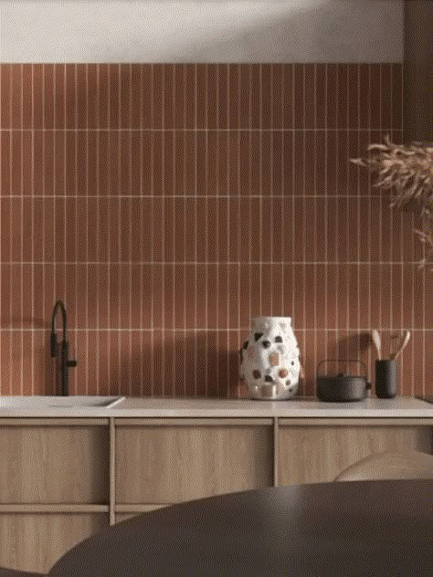 Rust Bathroom Tiles, Clay Kitchen Tiles, Clay Kitchen Backsplash, Red Brick Wall Kitchen Ideas, Clay Backsplash Tiles, Terracotta Tiles Wall, Red Brick Tiles Kitchen, Kitchen Backsplash Terracotta, Clay Tiles Bathroom