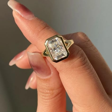 Radiant Cut Moissanite Bezel Set Engagement Proposal Ring 2.5CT Promise Ring Her Radiant Cut Moissanite Engagement Ring, Radiant Cut Rings, Dainty Engagement, Bezel Set Engagement Ring, Colson Baker, Dainty Engagement Rings, Bezel Engagement Ring, Future Engagement Rings, Split Shank Ring