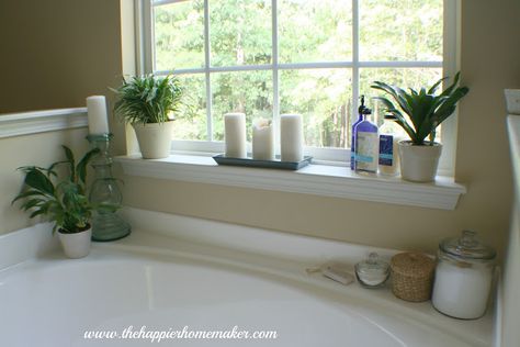 Decorating Around Bathtub, Garden Tub Decor, Garden Tub Decorating, Bathroom Tub Decor, Tub Decorating Ideas, Window Ledge Decor, Master Bath Decor, Tub Decor, Ledge Decor