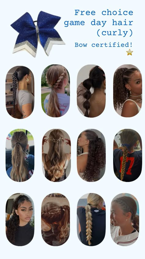 Curly hairstyles for cheering during games! #cheer #football #soccer Hair Styles For Cheer, Cute Cheer Hairstyles, Game Hairstyles, Cheer Hairstyles, Football Hairstyles, Cheer Games, Hair Styles For School, Soccer Hairstyles, Styles For School