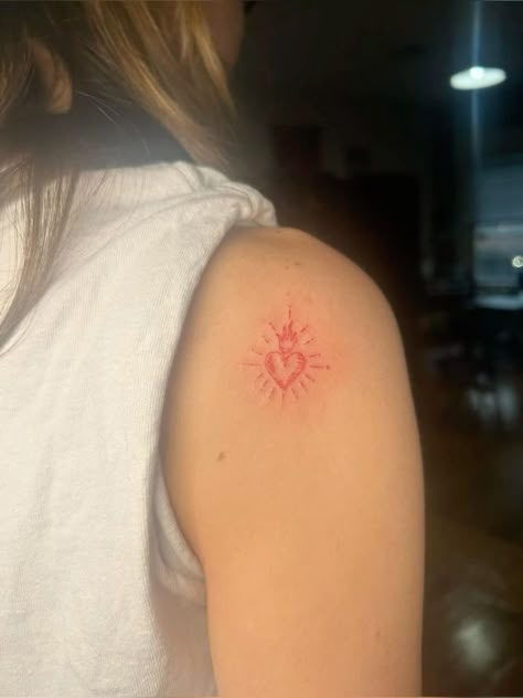 Sacred Burning Heart Tattoo, Fine Line Swirl Tattoo, Red Handprint Tattoo, I Wish You Roses Tattoo, $50 Tattoos Ideas, Like The Stars Miss The Sun Tattoo, Red Sacred Heart Tattoo, Feminine Tattoos Fine Line, Portuguese Heart Tattoo