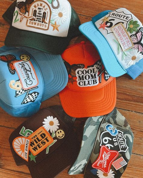 Our truckers are here & the cutest 🙌🏼 so many different colors & fun patches! Trucker Hat Inspo Patches, Patchwork Trucker Hat, Patch Hats Diy, Trucker Hat With Patches, Trucker Hat Patches, Patch Trucker Hat, Trucker Hats With Patches, Trucker Hat Ideas, Fun Patches