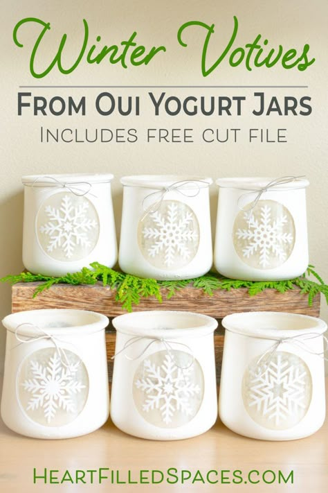 DIY Christmas votives you can leave up all winter. Upcycle those Oui yogurt jars and add some warmth and charm to your home this winter. I've included step by step instructions with free printables and cut files. #votives #diy #jar #wintercrafts #homedecorcrafts #glassjars #silhouette #freecutfiles Yogurt Jar Crafts, Votives Diy, Oui Jar Crafts, Oui Jars, Oui Yogurt, Yogurt Jars, Christmas Votives, Diy Snowflake, Crafts With Glass Jars