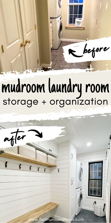 Discover storage and organization ideas for a small mudroom and laundry room combo. Small entryway ideas that are both functional and stylish. Check out this small mudroom with bench to inspire your mudroom makeover. This hall closet turned mudroom laundry room mudroom has all the functional features; mudroom bench, mudroom cubbie, mudroom stroage, and lots of coat hooks on the wall. Plan your old home remodel using these small laundry mud room ideas! Small Laundry Mud Room, Mudroom And Laundry Room Combo, Diy Mudroom Ideas, Mud Room Laundry Room Combo, Laundry Room Combo, Closet Mudroom, Small Mudroom, Small Mudroom Ideas, Diy Home Updates