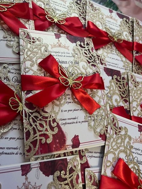 Red and gold laser cut Invitations for Quinceañeras sweet 16s or more | Rosemarie Invites Red Gold Decor, Red And Gold Quince, Red Gold Wedding, Popular Wedding Invitations, Red Quince, Quince Invitations, Fun Wedding Decor, Quince Decorations, Rustic Wedding Decorations