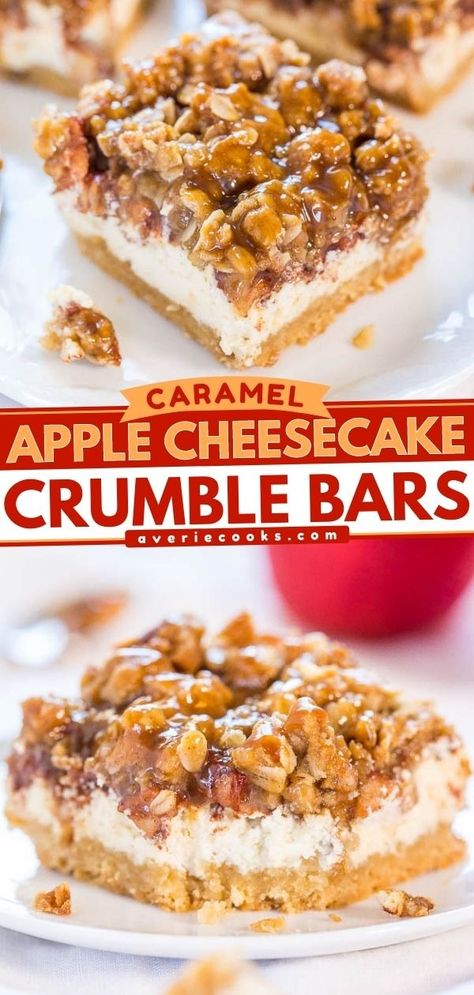 Caramel Apple Cheesecake Bars (with Crumble Topping!) - Averie Cooks Cheesecake Recipes Apple, Cheesecake Crumble Bars, Easy Fall Baking Recipes, Easy Fall Baking, Cheesecake Crumble, Blondies Recipes, Easy Thanksgiving Desserts, Apple Cheesecake Bars, Caramel Apple Cheesecake Bars