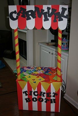 DIY carnival booth made out of a cardboard box + multiple wrapping paper tubes Carnival Ticket Booth, Carnival Ticket, Diy Carnival Games, Carnival Booths, Carnival Games For Kids, Fall Carnival, Carnival Birthday Party Theme, Diy Carnival, Circus Carnival Party