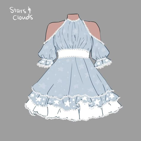 Cute Art Styles Outfit, Fluffy Dress Drawing Reference, Blue Clothes Drawing, Ocean Outfit Ideas, Drawing Reference Clothing, Fluffy Dress Drawing, Blue Outfit Drawing, Outfit Ideas For Art, Cute Dresses Blue