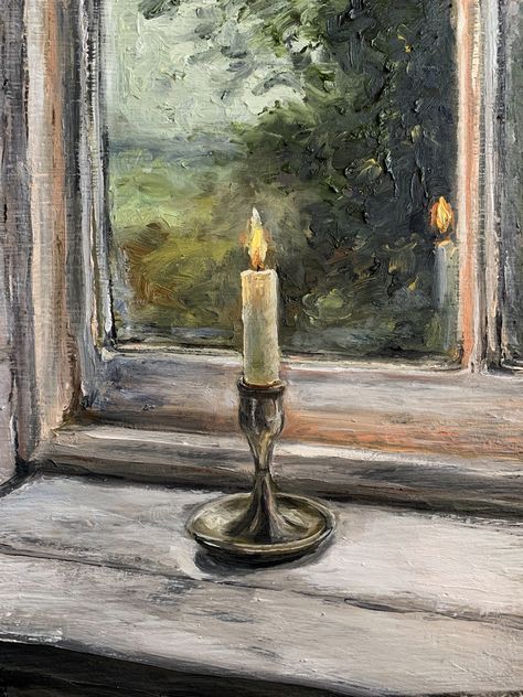 Vintage Painting Acrylic, Candle Still Life Painting, Vintage Oil Painting Aesthetic, Oil Based Painting, Cottagecore Oil Painting, Wood Oil Painting, Oil Painting Candle, Oil Painting Beginner Ideas, Acrylic Paint Still Life