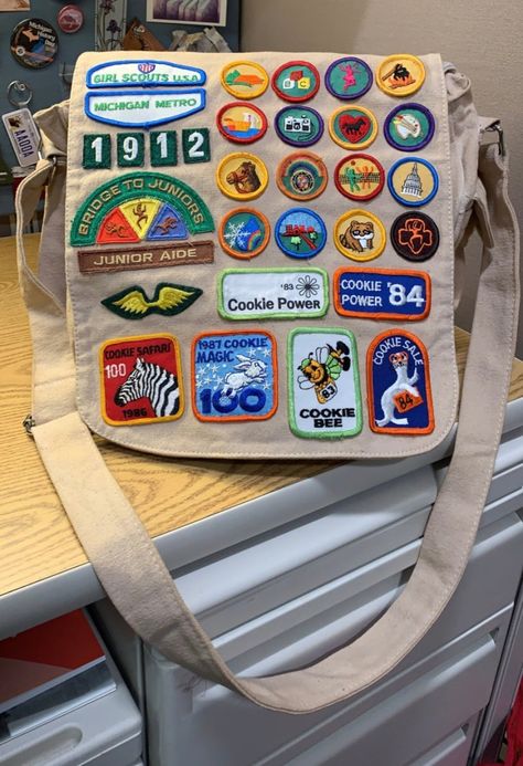 Patched Bag, Scout Ideas, Patches Clothes, What To Put Patches On, Bag With Patches Ideas, Scout Craft Ideas, Where To Put Patches, Patch Collection, Girl Scout Badges Display