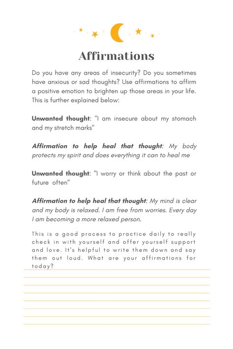 Guide to help you come up with great affirmations to support your healing! Insecure Affirmations, Affirmation Journal, Positive Emotions, Journal Prompts, Writing Inspiration, Affirmations, Word Search Puzzle, Spirituality, Healing