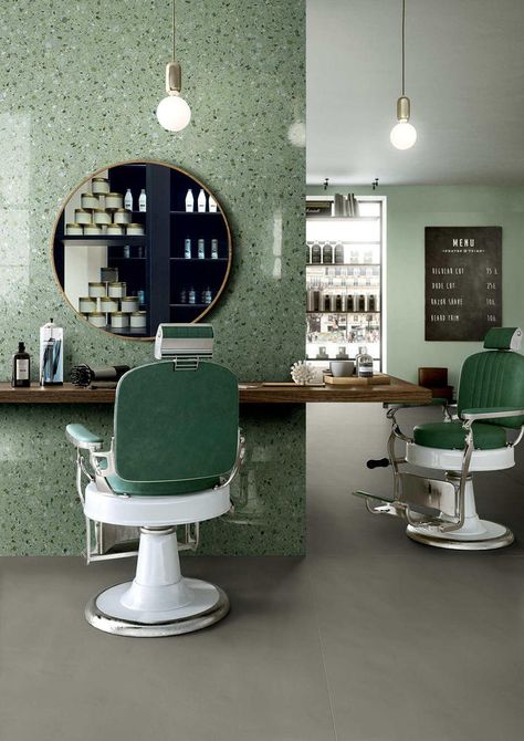 Gallery of Color Beyond Aesthetics: The Psychology of Green in Interior Spaces - 5 Hair Salon Design, Interior Design Pictures, Barbershop Design, Vintage Interior Design, Large Format Tile, Salon Interior Design, Spa Design, Design Del Prodotto, Vintage Interiors