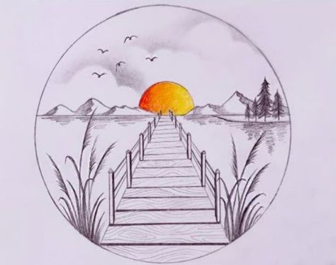 Welcome to my channel Lora drawing academy Draw Scenery, Sunrise Drawing, Landscape Drawing Easy, Pencil Drawing Inspiration, Easy Pencil Drawing, Easy Scenery Drawing, Drawing Sunset, Easy Pencil Drawings, Drawing Dragon