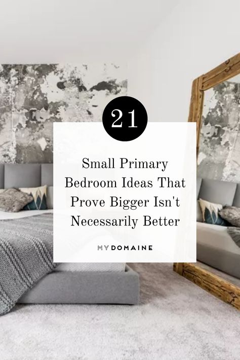 Small primary bedrooms can look just as chic as larger bedrooms when decorated to their full potential. To prove it, we've rounded up 21 gorgeous small primary bedrooms to help you transform your space. Modern Small Primary Bedroom, Small Cozy Primary Bedroom, Small Elegant Master Bedrooms, Small Primary Bedroom Decor, Small Bedroom With Fireplace Layout, Small Luxurious Bedrooms, Small Primary Bedroom With King Bed, Small Transitional Bedroom, Cozy Small Master Bedrooms