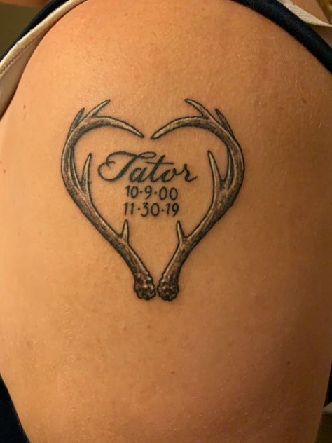 Deer Couples Tattoo, Deer Memorial Tattoo Grandpa, Memorial Fishing Tattoos, Buck Tattoo Design, Sleave Tats, Deer Memorial Tattoo, Antler Heart Tattoo, Granddad Tattoo, Memorial Tattoo Grandpa