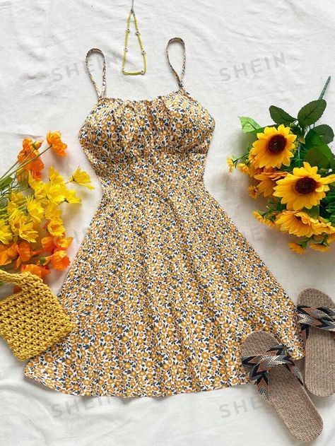 SHEIN WYWH Ditsy Floral Backless Strap Sundress With Bow Tie For Summer Vacation | SHEIN USA Fabric Plants, Casual Sundress, Short Summer Dresses, 70 Dress, Boho Women, Ditsy Floral, Kids Beachwear, Mini Dresses, Wedding Guest Outfit