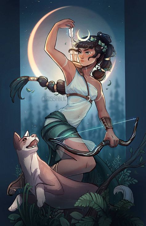 Artemis by ChrissaBug on DeviantArt Artemis Goddess, Goddess Of The Hunt, Greek Mythology Art, Lore Olympus, Gods Goddesses, Roman Mythology, Bow And Arrow, Mythology Art, Greek Myths