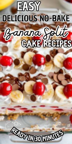 Easy No-Bake Banana Split Cake Banana Split Cake Recipe No Bake, Banana Split Cake No Bake, No Bake Banana Split Cake Recipe, No Bake Banana Split Cheesecake, No Bake Banana Split Cake, Banana Split Fluff, No Bake Banana Split Dessert, Banana Split Cake Recipe, Banana Split Dessert Recipes