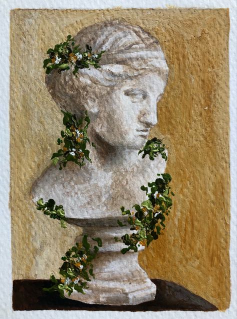 Paintings Of Statues, Old Greek Paintings, Greek Sculpture Painting, Statue Painting Acrylic, Greek Statue Painting, Roman Statue Tattoo, Painting Greek Mythology, Watercolor Statue, Statue Painting