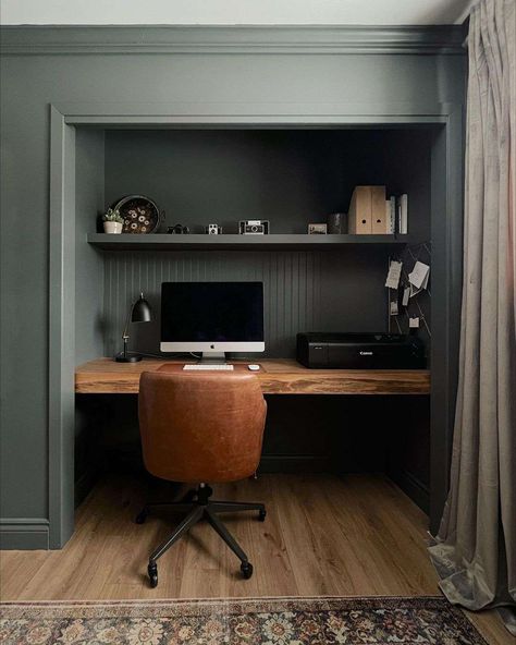 Try These Stylish Closet Offices to Elevate Your Workspace Home Office Mudroom Combo, Office Desk In Closet Built Ins, Closet With Desk Inside, Desks In Closets Ideas, Computer Nook Ideas, Home Office In A Closet Ideas, Built In Desk In Closet, Desk Built Into Closet, Basement Office Nook